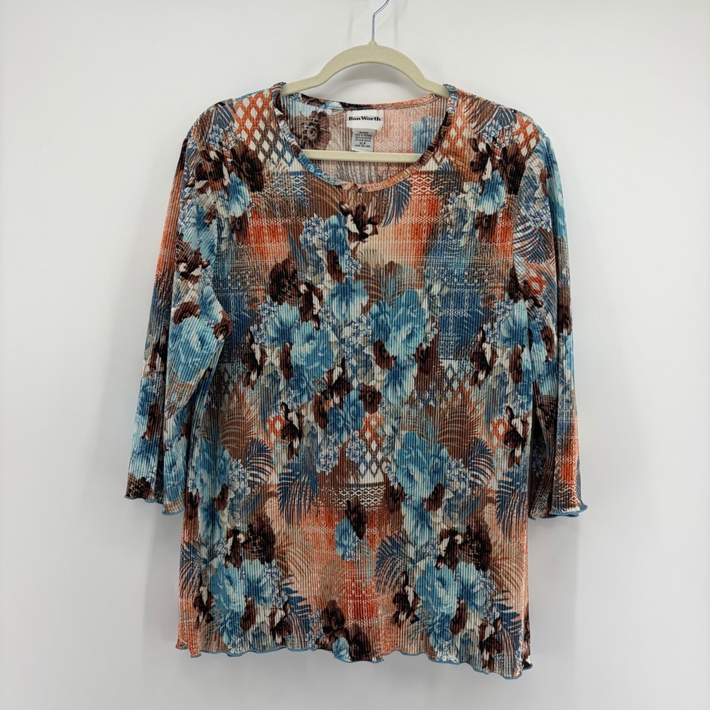 Bon Worth Womens XLP Blue Orange Floral Micro Pleat Lettuce Hem 3/4 Sleeve Top